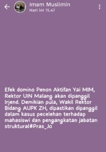 Terbaru ! IM Singgung Pengangkatan ZH Jadi Plt. Wakil Rektor II UIN Maliki Malang, Diduga Pelaku Pelecehan Seksual, Mahasiswa Desak Investigasi